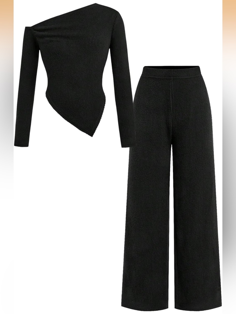 Black Rib-Knit Wide-Leg Pants Set